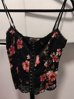 Forever 21 Black Floral Lace Corset Cami with Pink and Coral Flowers